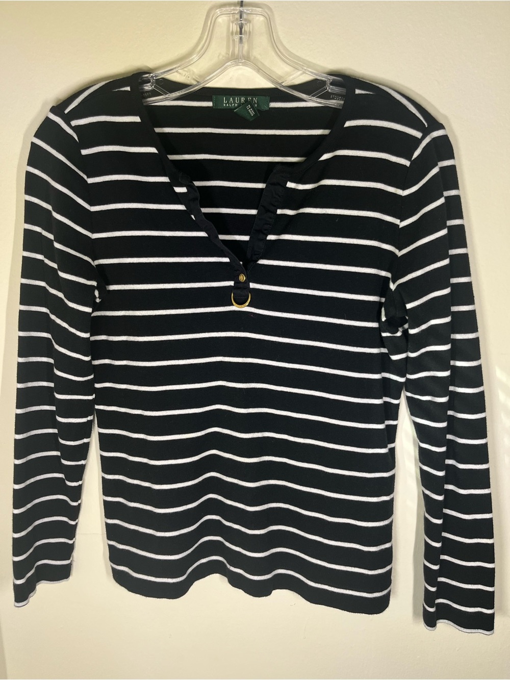 Ralph Lauren Black and White Striped Knit Scoop-Neck Long-Sleeve Top